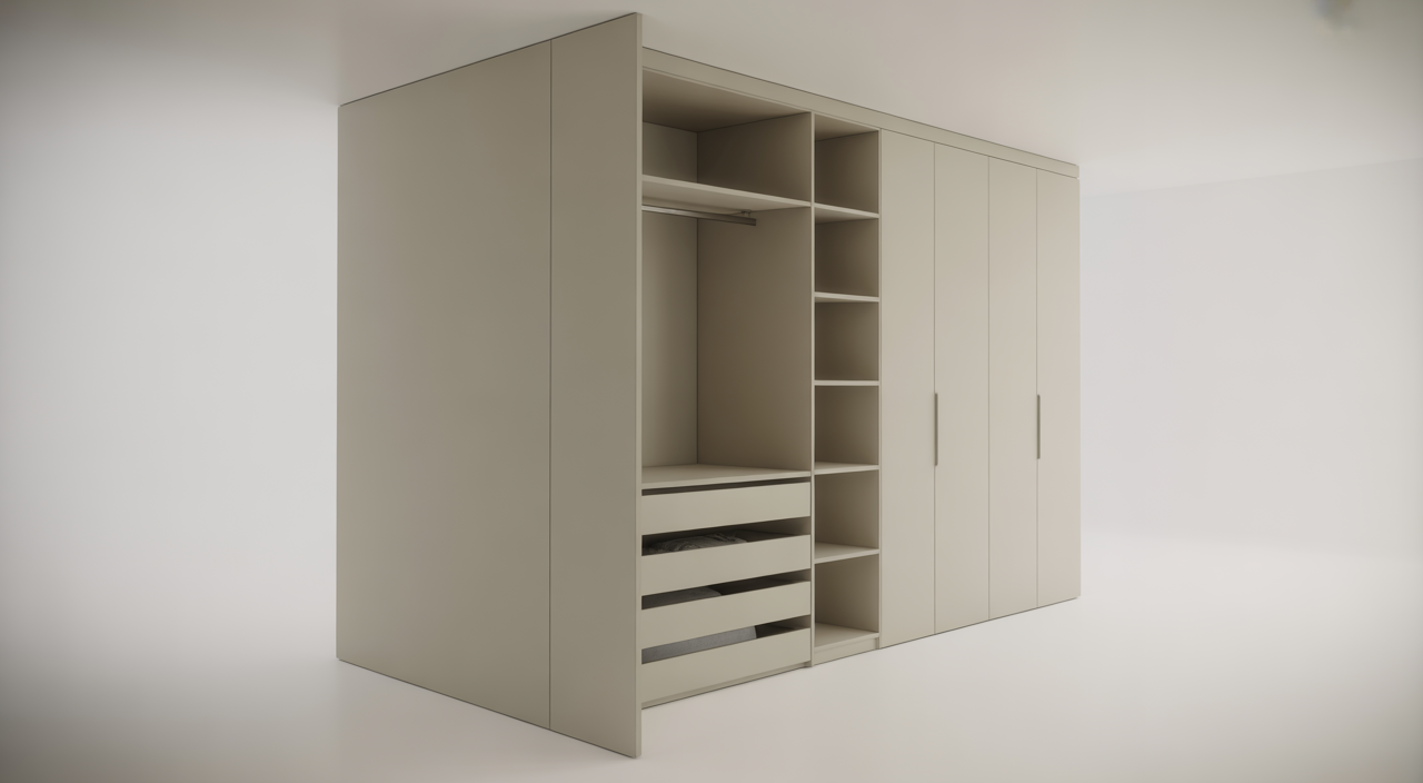 Organised fitted walk-in wardrobe displaying clothing and accessories