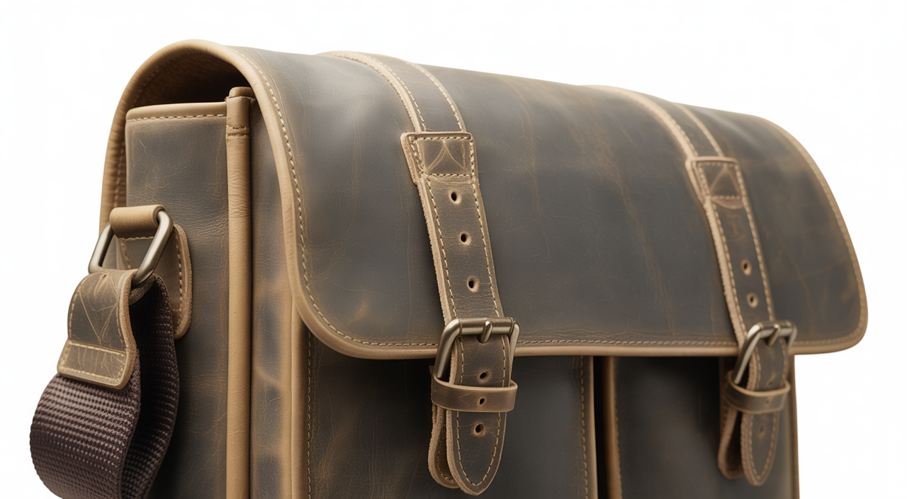 Men’s vintage leather messenger bag in brown leather placed on a desk beside a laptop and notebook