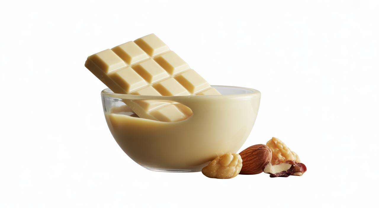 Creamy gourmet white chocolate bar broken into pieces on a rustic wooden board