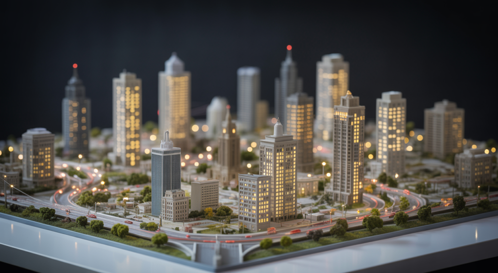 Miniature LED lights illuminating a model cityscape
