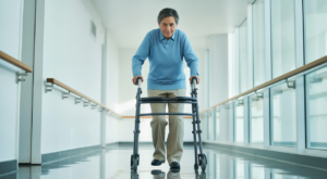 Patient taking first steps with a walker after hip replacement surgery, symbolizing recovery and renewed mobility.