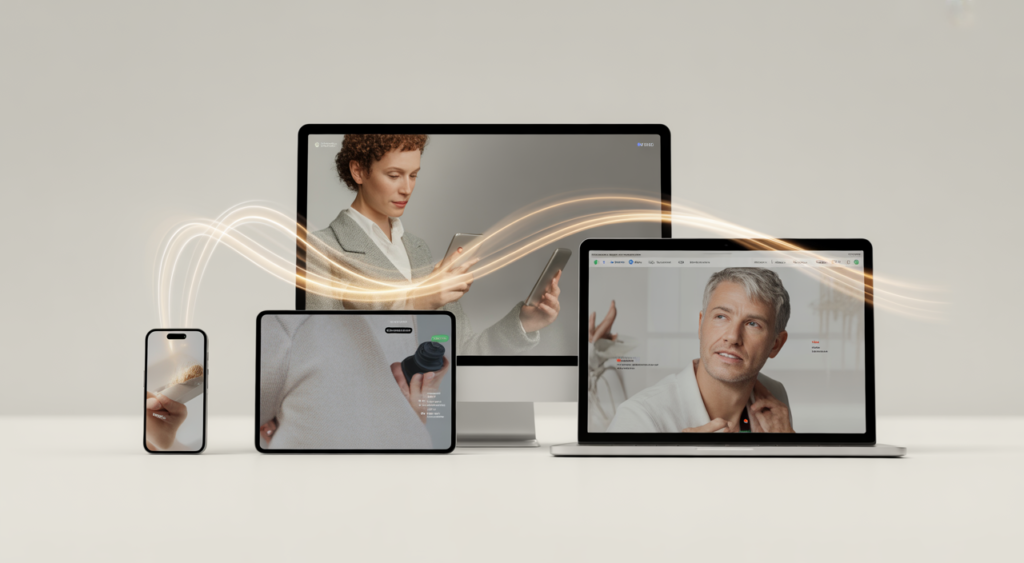 Unified customer journey across different digital devices like a smartphone, tablet, and desktop, illustrating a seamless digital experience managed by a DXP.