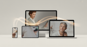 Unified customer journey across different digital devices like a smartphone, tablet, and desktop, illustrating a seamless digital experience managed by a DXP.