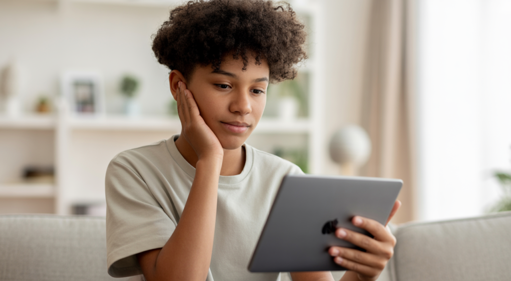 Young person engaging in a virtual mental health therapy session on a tablet at home.