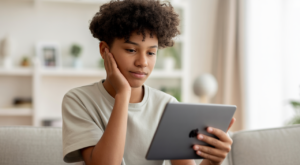 Young person engaging in a virtual mental health therapy session on a tablet at home.