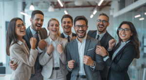 A diverse group of smiling professionals collaborating and high-fiving in a modern office, representing successful and fun corporate team-building events.