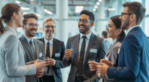 Diverse group of professionals collaborating happily at a fun corporate event, showcasing teamwork and engagement.