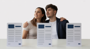A hopeful, diverse couple, representing a family planning their future, with abstract financial planning elements subtly in the foreground, against a clean background.