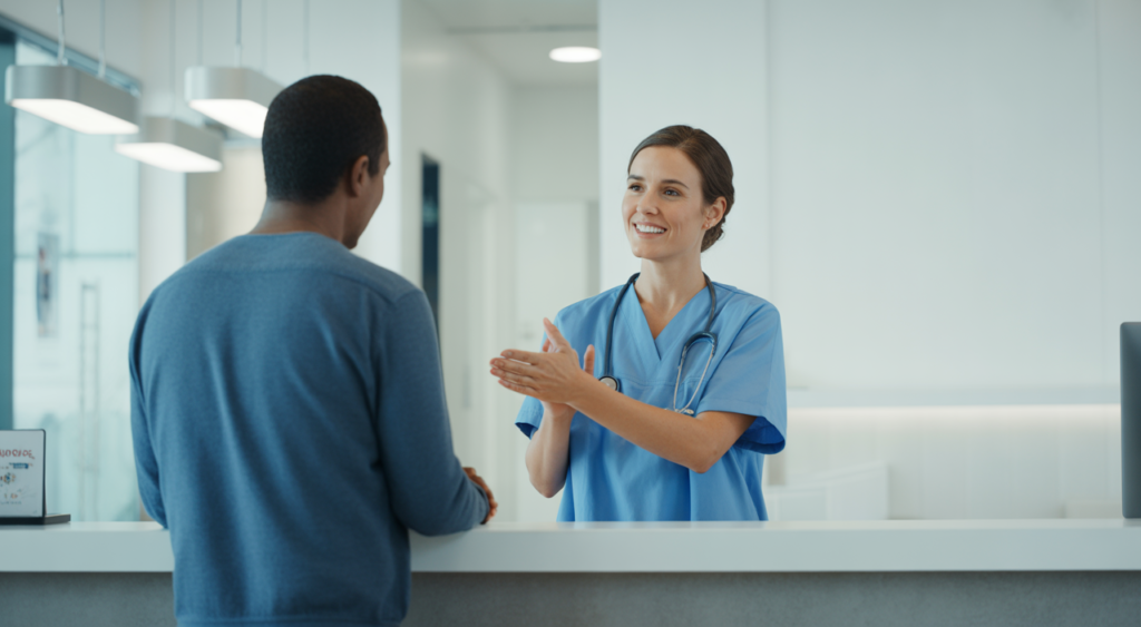 A wide-angle, high-quality photograph showing a clean, modern urgent care clinic reception area in Los Angeles, with a medical professional assisting a patient, symbolizing immediate and friendly care.