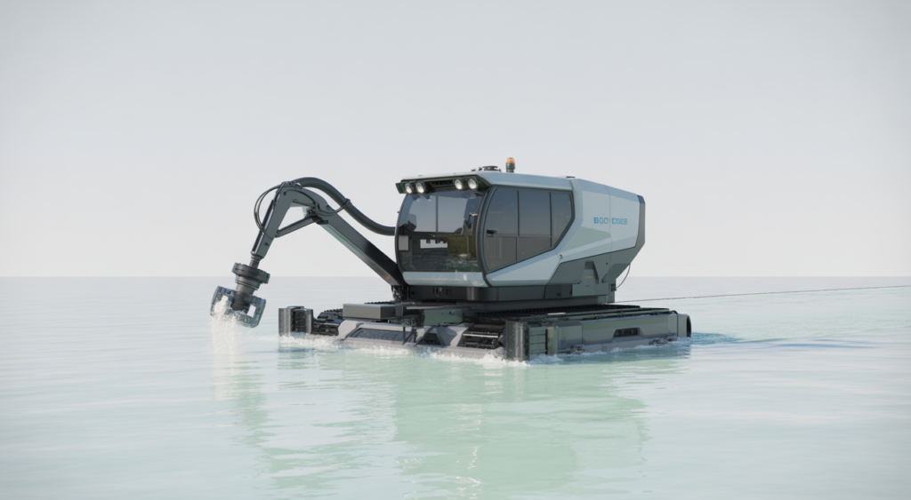 A modern automated dredge machine operating in clear water, highlighting advanced technology and precision for sediment removal.