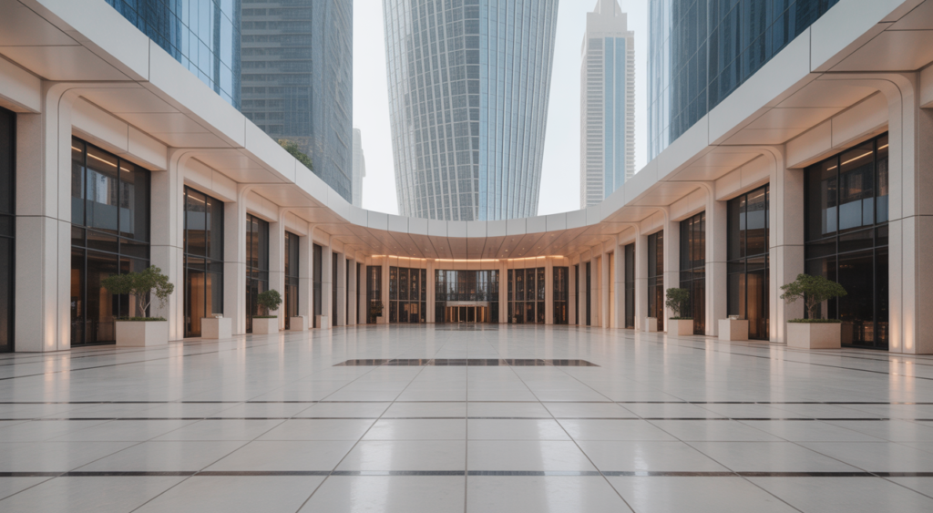 Modern skyscraper lobby in Dubai, showcasing immaculate maintenance and contemporary design, representing advanced facility management.