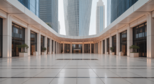 Modern skyscraper lobby in Dubai, showcasing immaculate maintenance and contemporary design, representing advanced facility management.