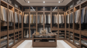Luxurious custom fitted walk-in wardrobe with organized clothing, shoes, and accessories, showcasing modern home organization