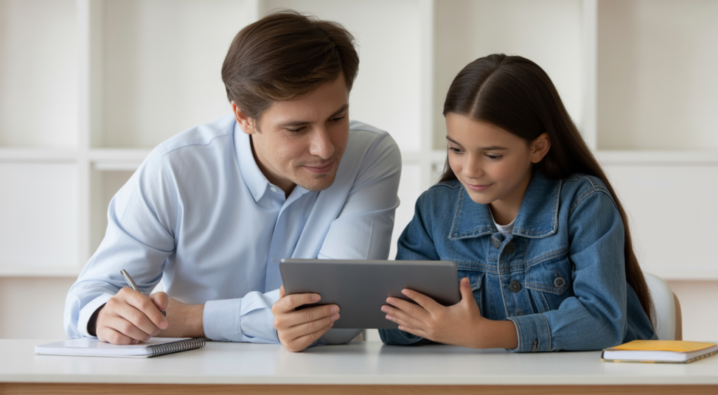 Parent and high school student planning college applications together