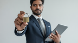 Portrait of a confident South Asian cybersecurity consultant holding a padlock and tablet against a clean white background, representing cybersecurity consulting services in Canada.