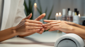 Close-up of hands receiving a luxurious manicure in an elegant, clean nail salon environment, symbolizing pampering and high-quality service.