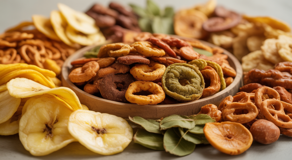Assorted Organic Indian snacks including banana chips, roasted nuts, and bhuja mix on a white background