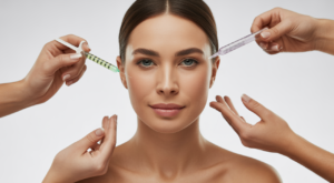 Close-up professional photograph of a woman receiving non-surgical facial balancing treatment showing harmonious facial features on white background