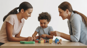 Happy family participating in autism therapy session with child and therapist in clean, professional environment