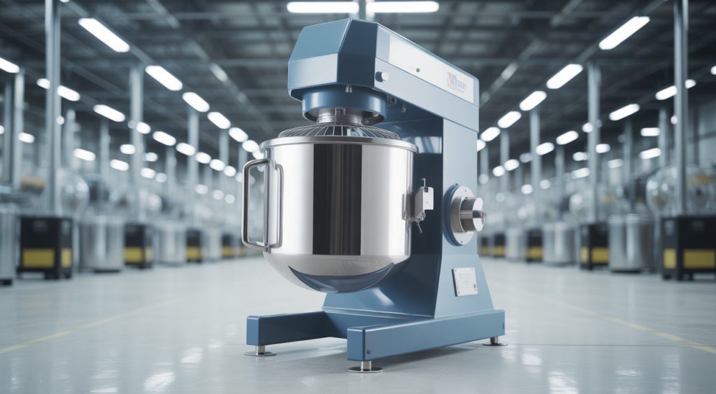 High quality image of a modern industrial drum mixer blender machine with stainless steel finish in a clean environment