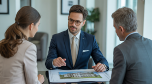 Luxury real estate broker consulting clients in modern office environment with property plans