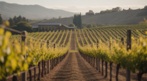 Photorealistic image of a boutique winery estate in Napa Valley showcasing vineyard and winery building with natural light and clean background