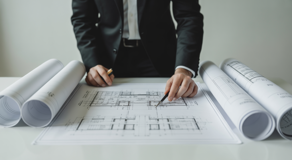 Architect reviewing building blueprints and compliance documents with modern architectural models on a clean white background
