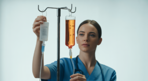 Medical professional preparing an intravenous therapy drip in a clinical setting with clear white background
