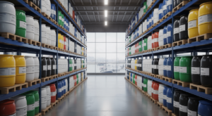 Interior of a modern specialty chemical distribution warehouse with organized containers and barrels under professional lighting