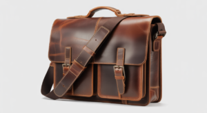 Men's vintage leather messenger bag in rich brown full grain leather with natural patina displayed against a white background