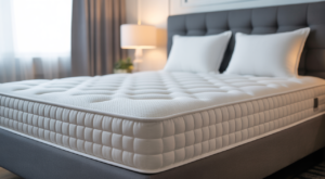 Photorealistic image of a clean modern mattress on a bed with bright natural lighting against a neutral white background