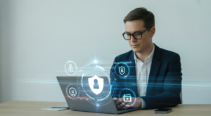 Confident small business owner working on laptop representing cybersecurity services for small businesses