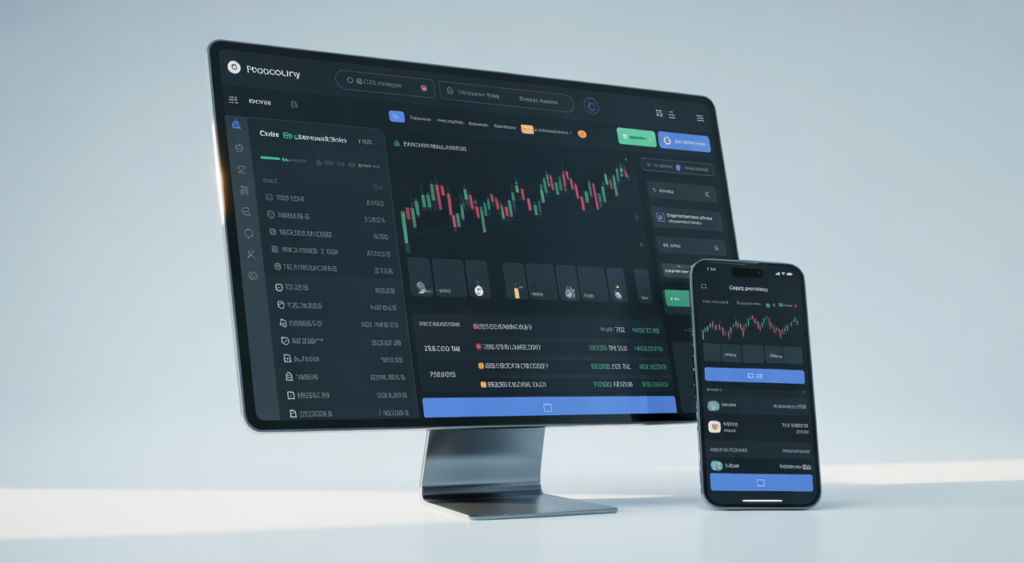 Photorealistic image of modern cryptocurrency exchange platforms displayed on a computer monitor and smartphone with clean white background representing cryptocurrency exchange ranking for investors