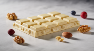 Close-up of a premium white chocolate bar with creamy texture and nuts and berries on a clean white background