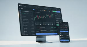 Photorealistic image of modern cryptocurrency exchange platforms displayed on a computer monitor and smartphone with clean white background representing cryptocurrency exchange ranking for investors
