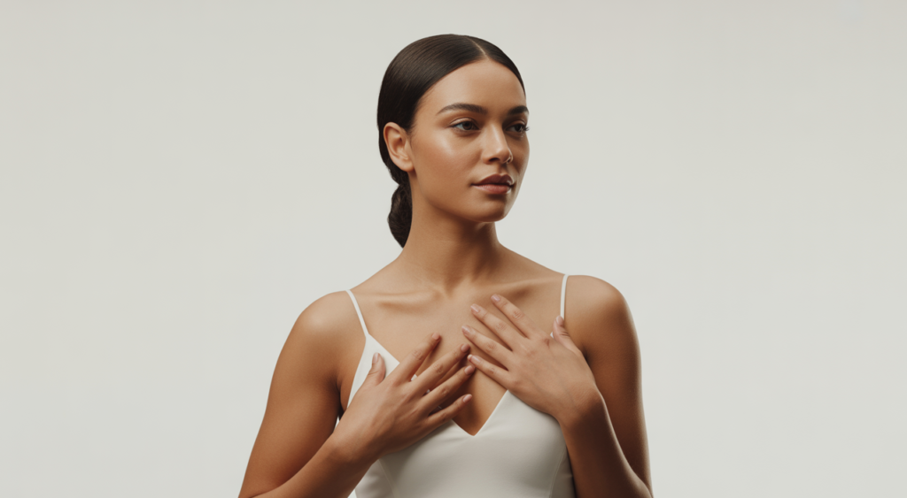 Photorealistic portrait of a confident woman showcasing natural breast augmentation results, clean white background