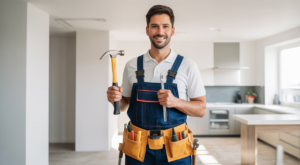 Professional handyman at work with tools in a modern residential setting on neutral background