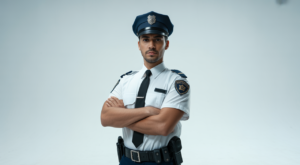 Confident professional security guard in uniform against white background